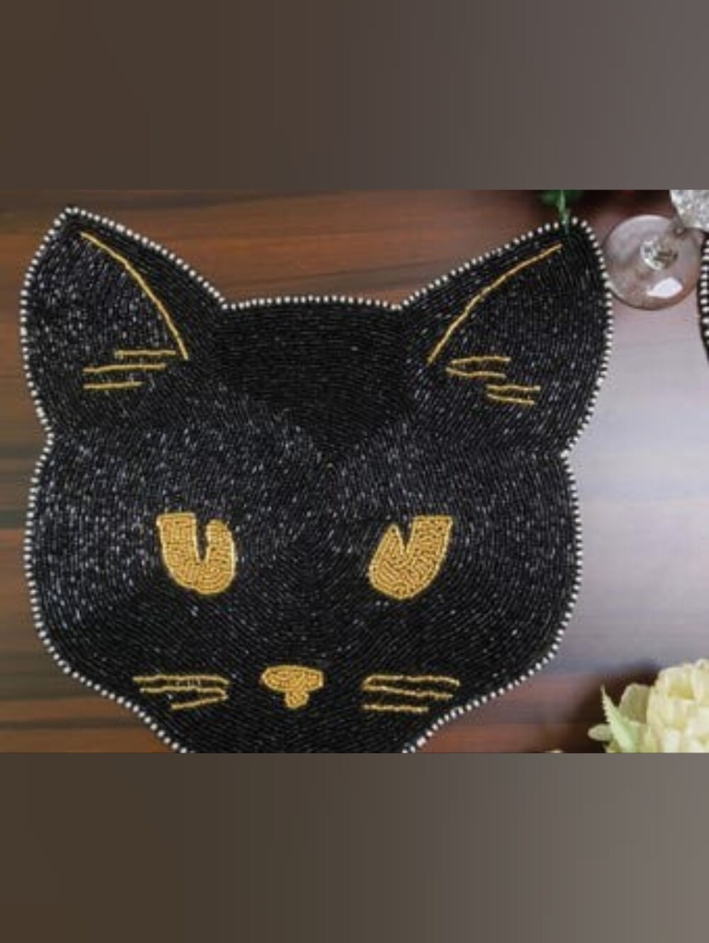 Black & Gold Cat Face Beaded Placemat